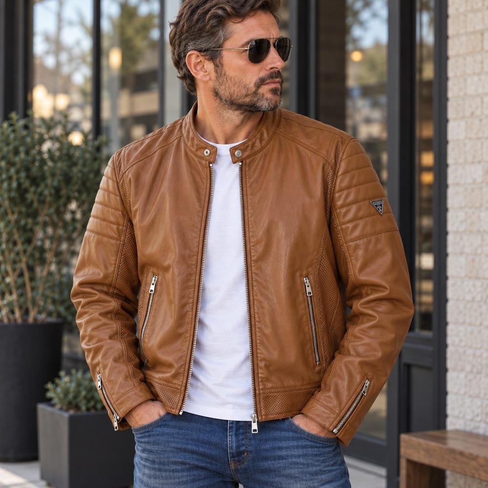 GUESS Men's XL Brown Faux Leather Moto Jacket Biker Quilted Sleeve Zip READ